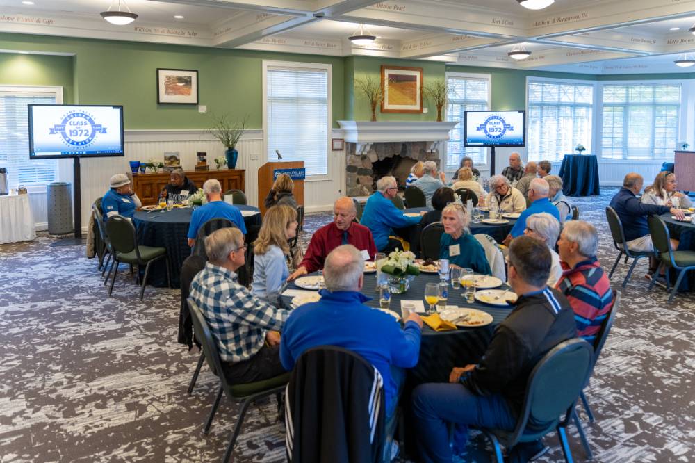 A wide shot of the banquet hall.